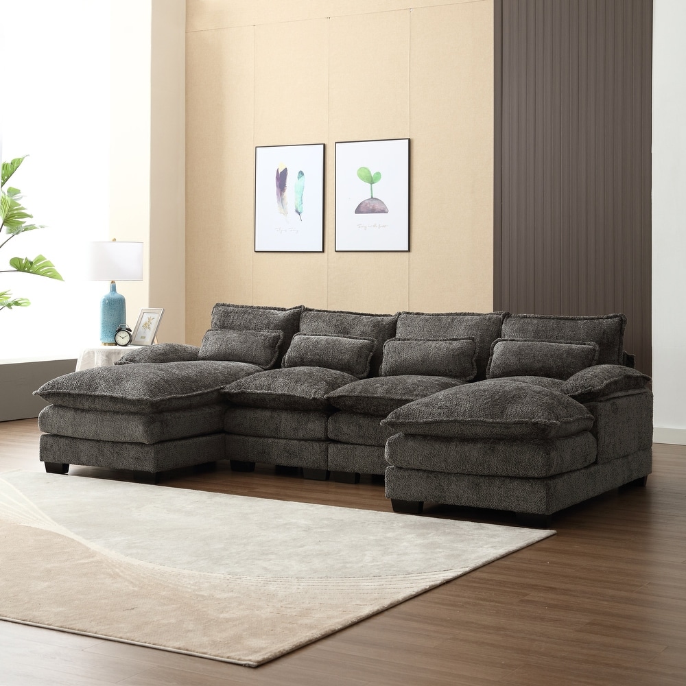 Large U Shape Modular Sectional Sofa with Ottomans  Reversible Sofa Couch with Pillow Top Arms and 4 Lumbar Support Pillows