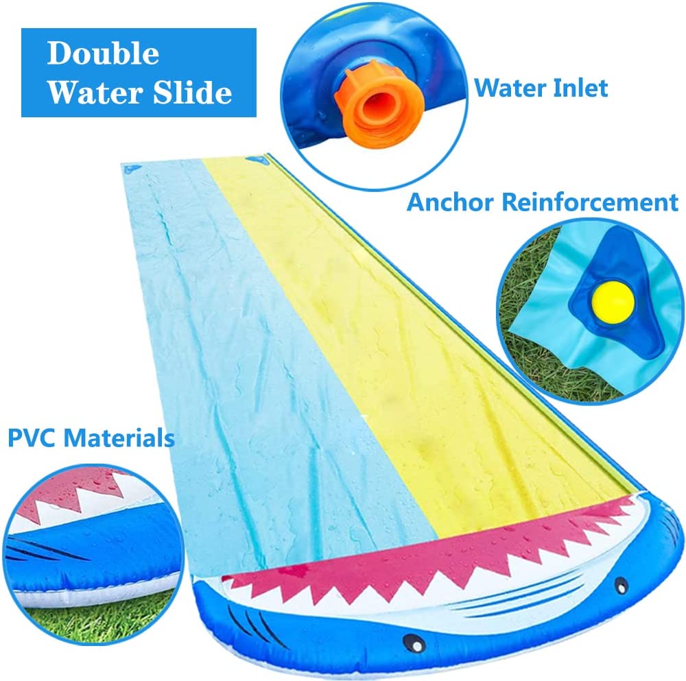 Terra Best Double Lane Slip with 2 Bodyboards, Inflatable Lawn Water Slides Summer Toy with Build in Sprinkler for Kids Adults Garden & Backyard Waterslide Fun Toy Play 16ft x 55in