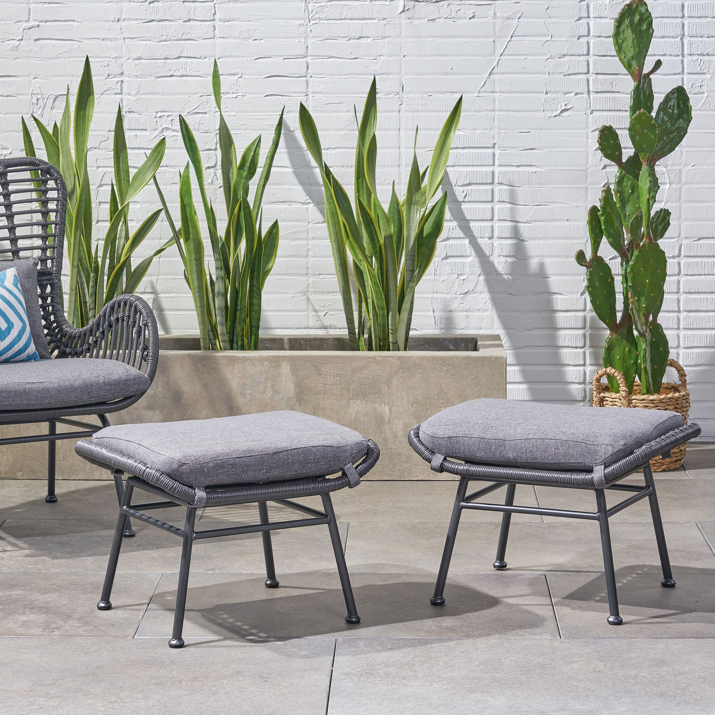 Gloria Outdoor Modern Boho Wicker Ottoman (Set of 2)