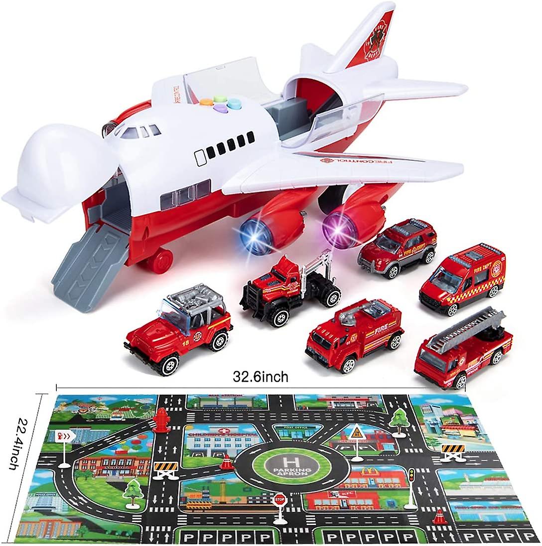 Car Toys Set With Transport Cargo Airplane， Educational Vehicles Fire Fighting Car Set For Kids Toddlers Child Gift For 3 4 5 6 Years Old， Large Play