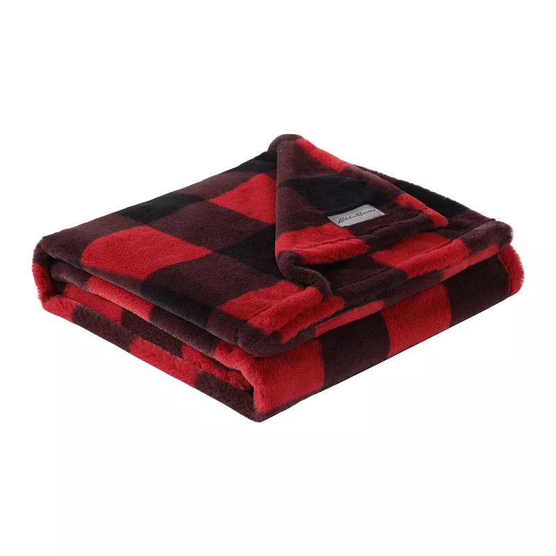 Eddie Bauer Cabin Buffalo Plaid Red Faux Fur Throw and Pillow Set