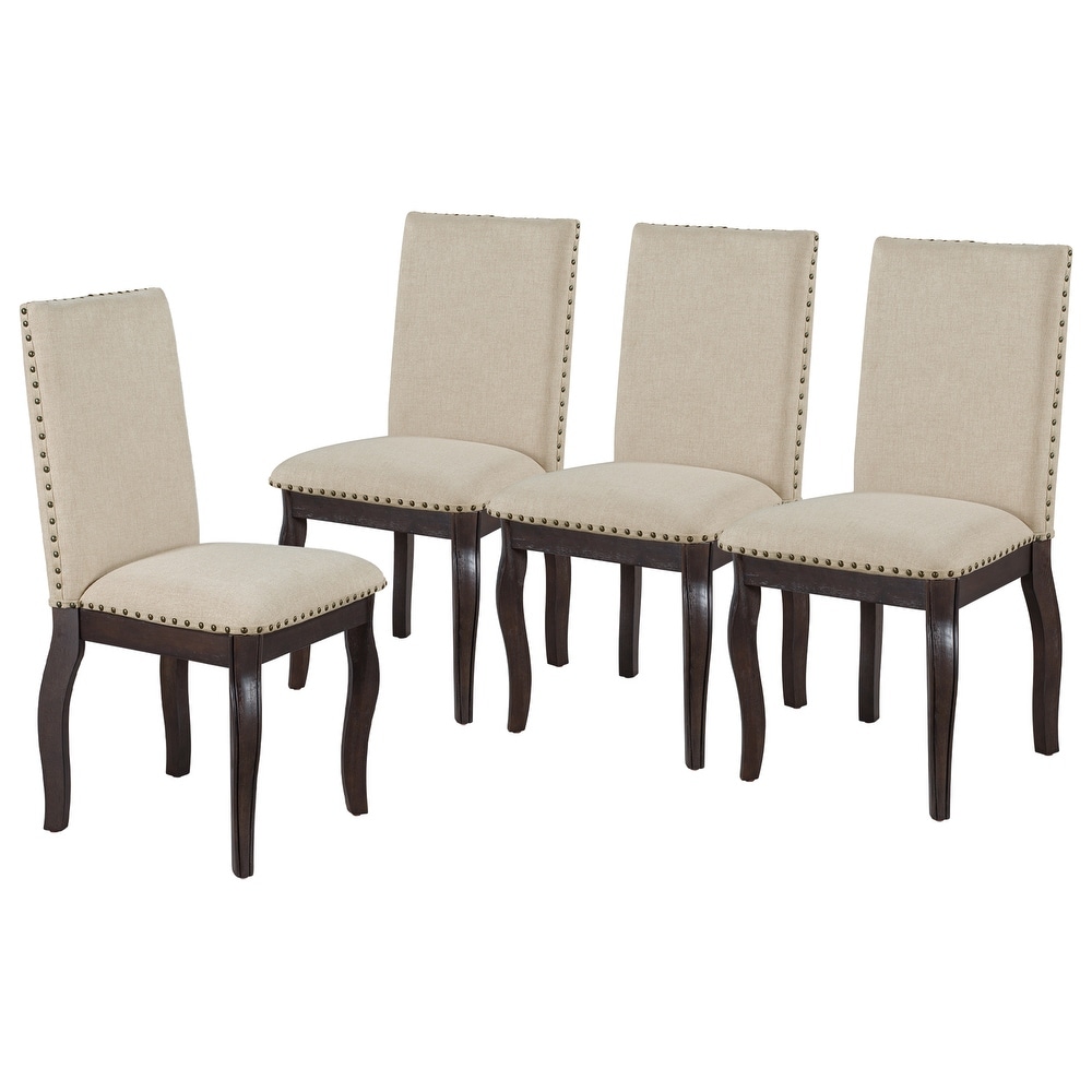 Set of 4 Dining Chairs with Solid Wood Legs  Mid Century Modern Upholstered Dining Room Chairs with Nailhead Decoration