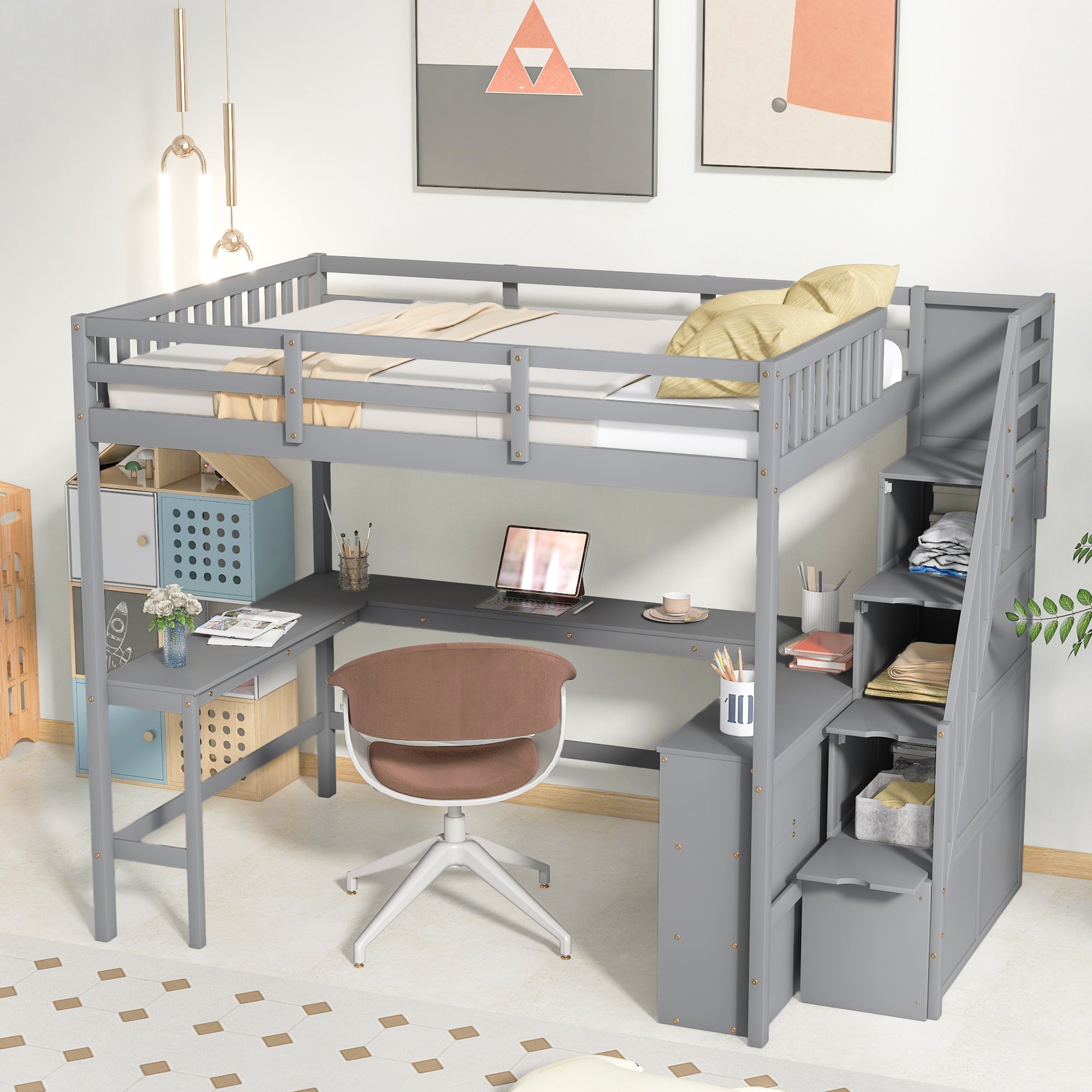 Wood Full Loft Bed with Desk, Shelf and Storage Staircase for Kids, Gray