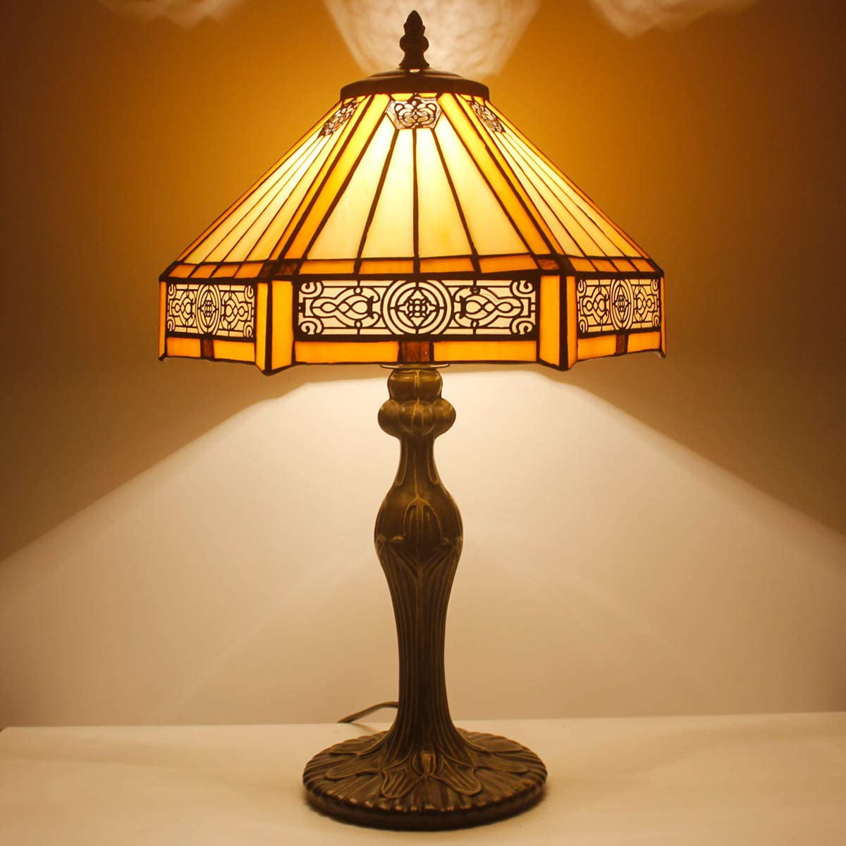 SHADY Tiffany Lamp Yellow Hexagon Stained Glass Mission Style Table Lamp Desk Bedside Reading Light 12X10X18 Inches Decor Bedroom Living Room Home Office S011 Series