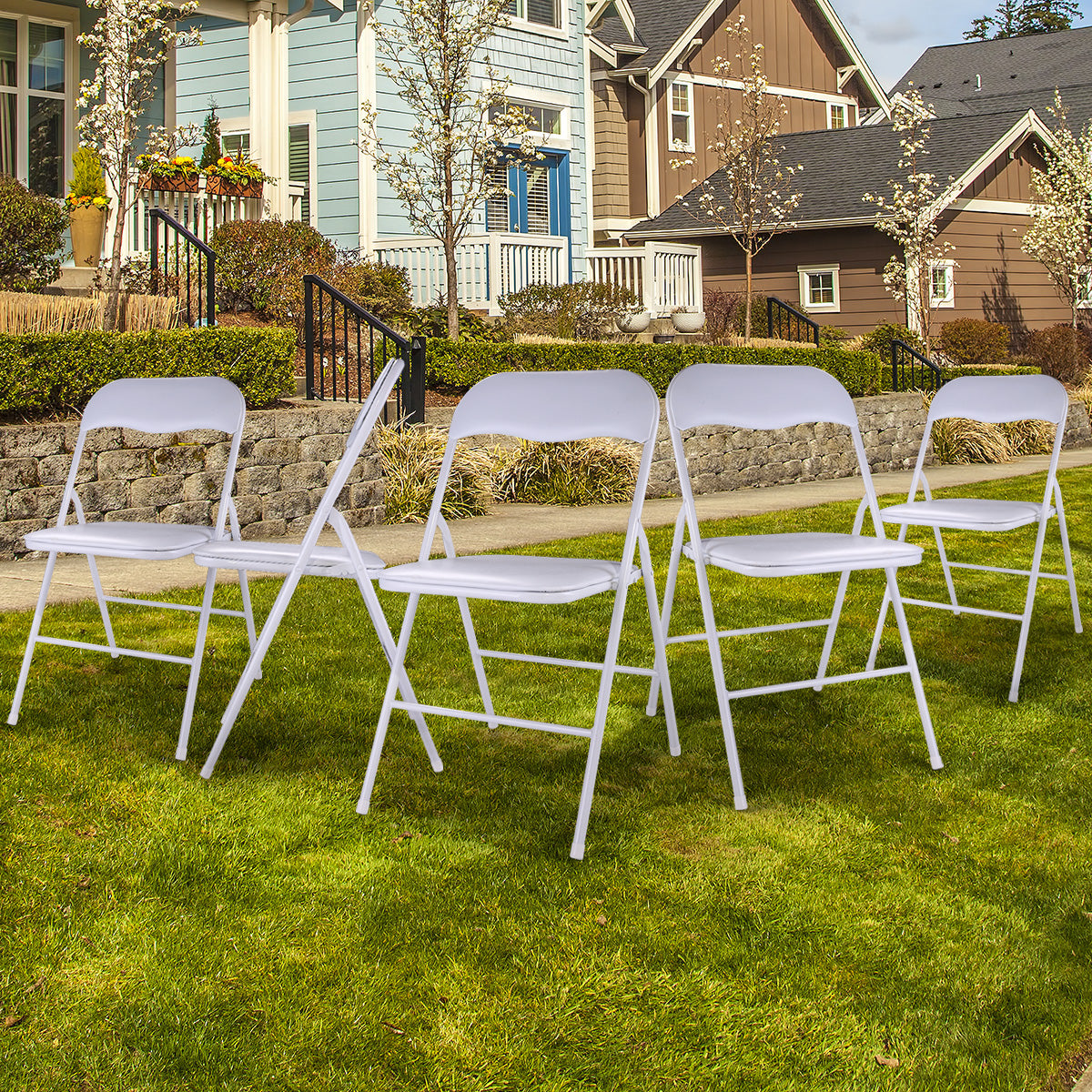 Jaxpety 5 Pack Commercial White Plastic Folding Chairs W/Soft Cushion Stack-able Wedding Party Event Chair