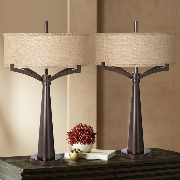 Tall Set Of 2 Rich Bronze Iron Burlap Fabric Drum Shade For Bedroom Living Room