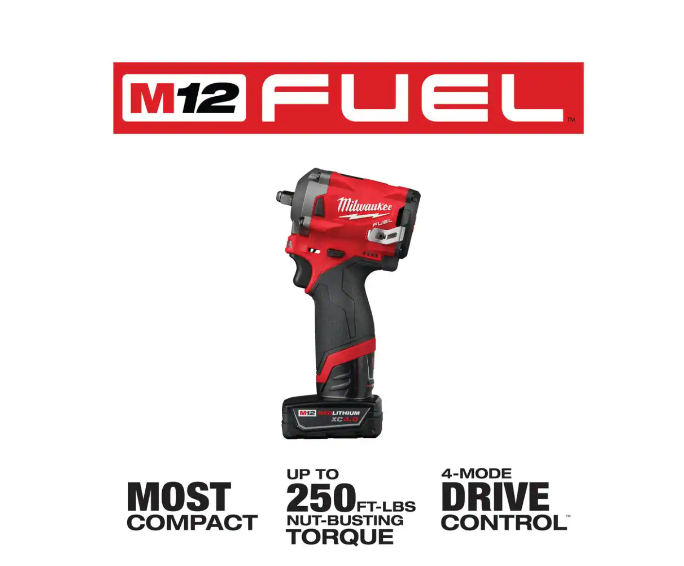 Milwaukee 2554-22-2446-20 M12 FUEL 12V Lithium-Ion Cordless Stubby 3/8 in. Impact Wrench Kit with Grease Gun， One 4.0 and One 2.0Ah Battery