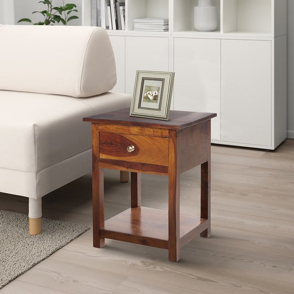 22.5 Inch Acacia Wood Rectangular End Side Table with 1 Drawer and 1 Open Shelf