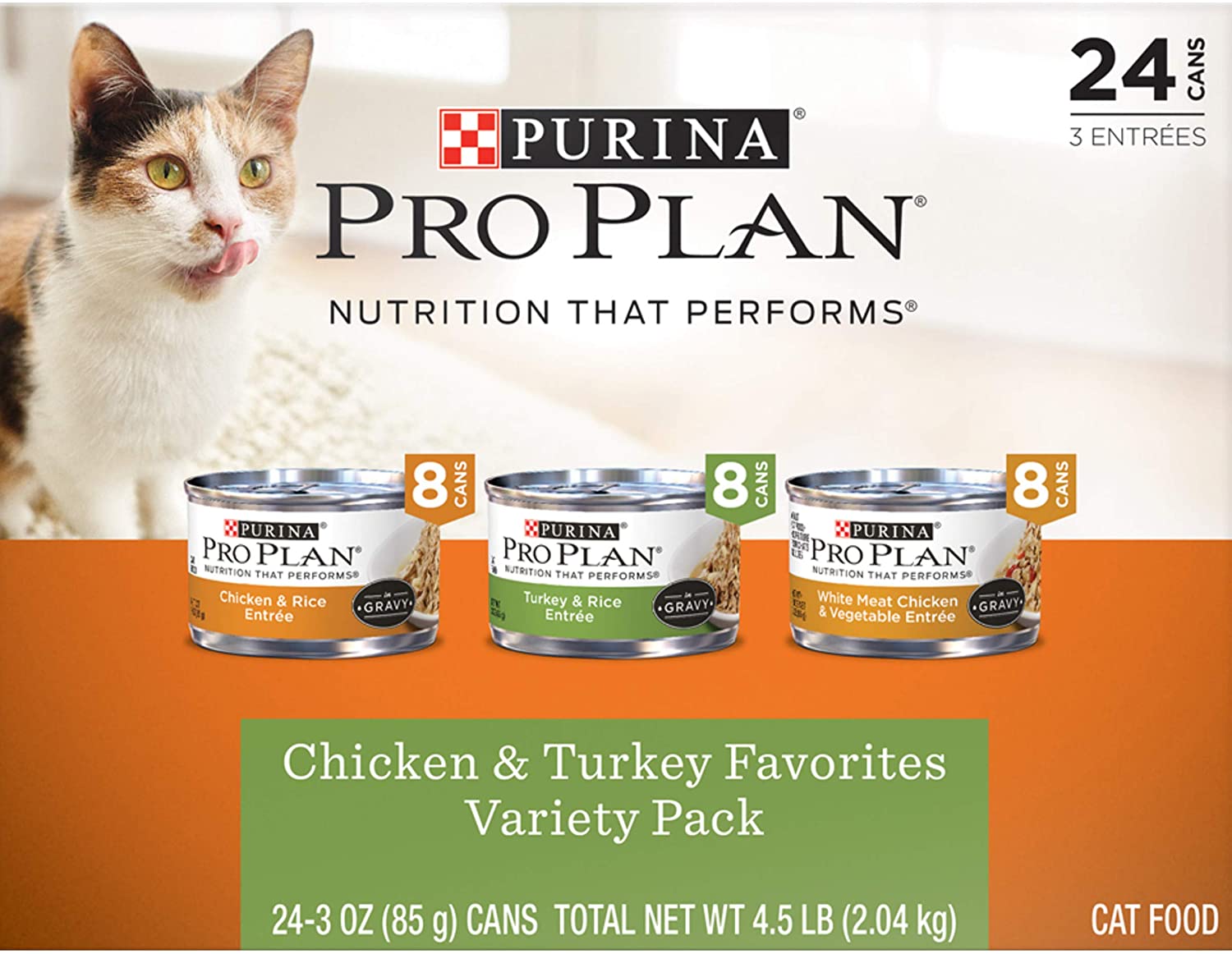 Purina Pro Plan Gravy， High Protein Wet Cat Food Variety Pack， COMPLETE ESSENTIALS Chicken and Turkey Favorites - (24) 3 oz. Cans