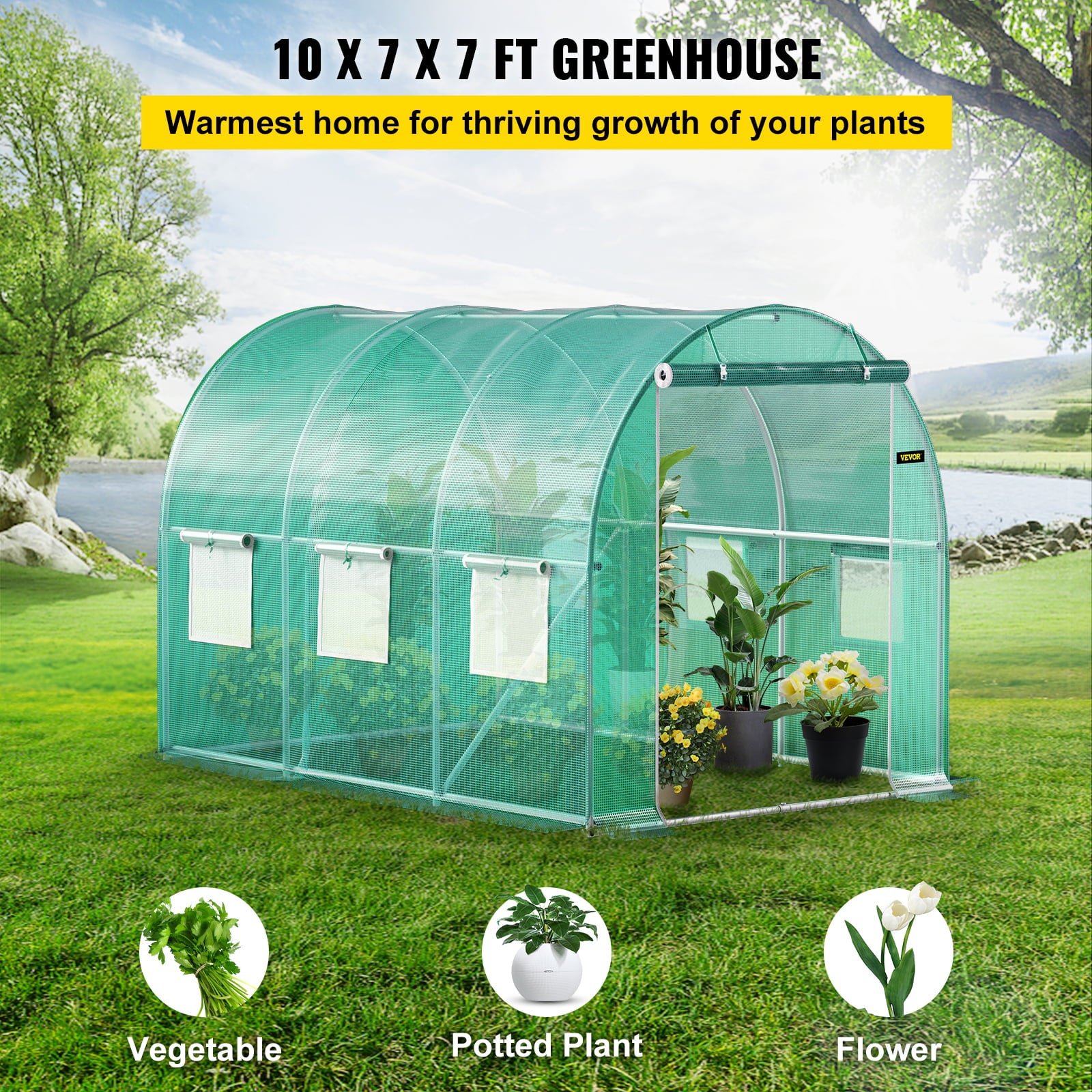 VEVORbrand Walk-in Tunnel Greenhouse, 10 x 7 x 7 ft Portable Plant Hot House w/ Galvanized Steel Hoops, 1 Top Beam, Diagonal Poles, Zippered Door & 6 Roll-up Windows, Green