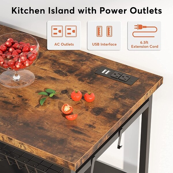 Kitchen Island with Storage Industrial Island Table with Power Outlets and Wire Baskets 3 tier Microwave Oven Stand