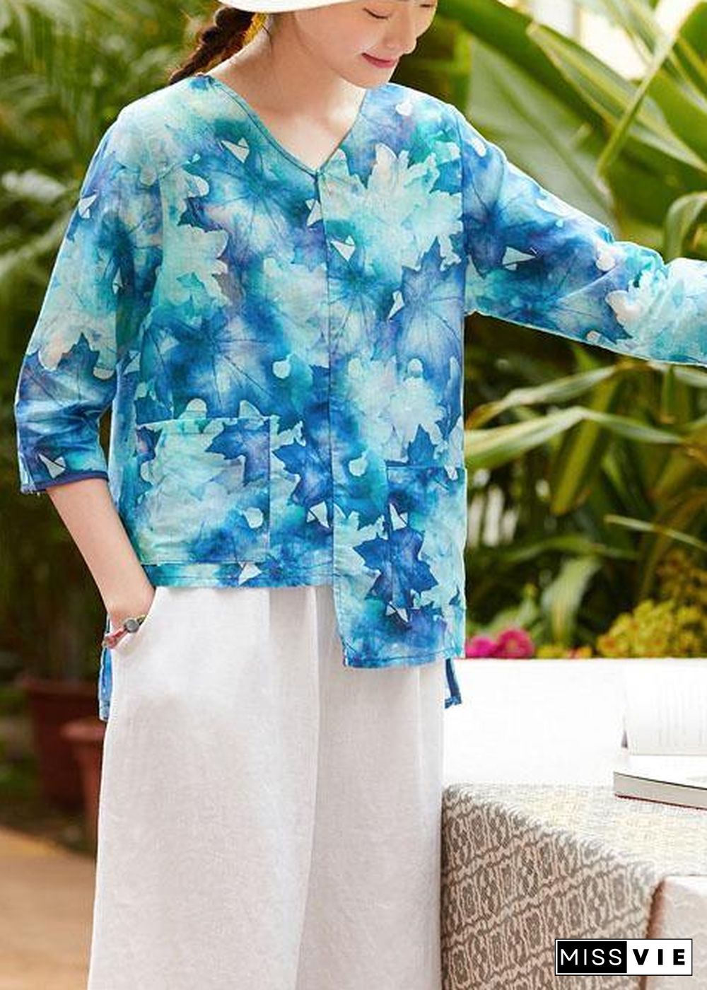 Women v neck half sleeve linen clothes For Women Shape blue prints shirt summer