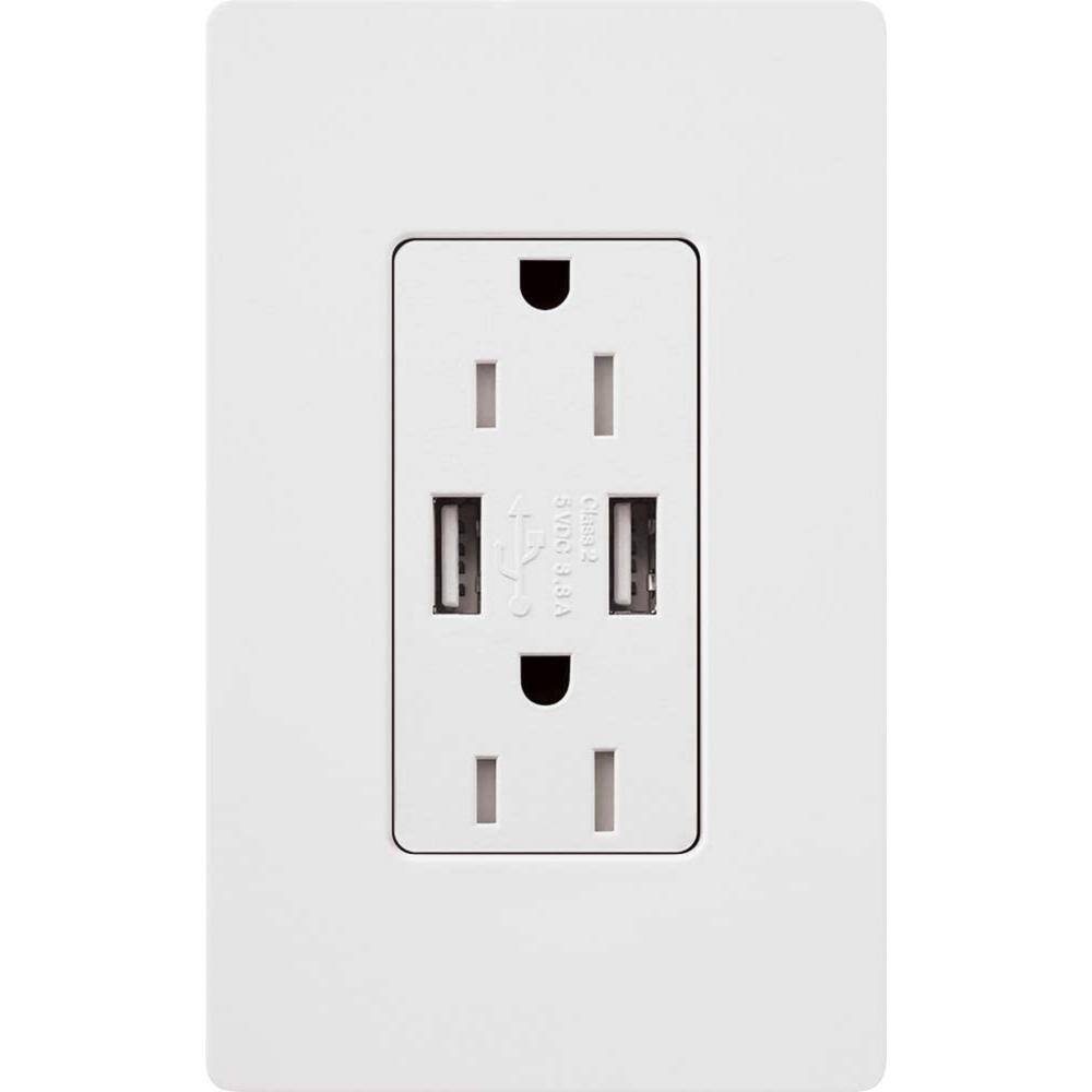 Lutron Claro 15 Amp USB Duplex Outlet White (CAR-15-UBTR-WH) CAR-15-UBTR-WH