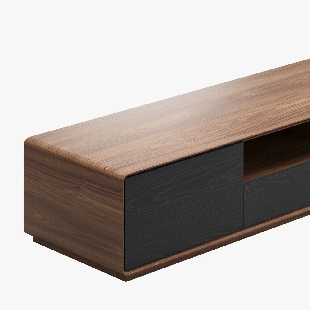 Modern Wood TV Stand  Lowline Media Console with 4 Drawers  Open Storage Cabinet  Walnut Veneer  Fully assembled