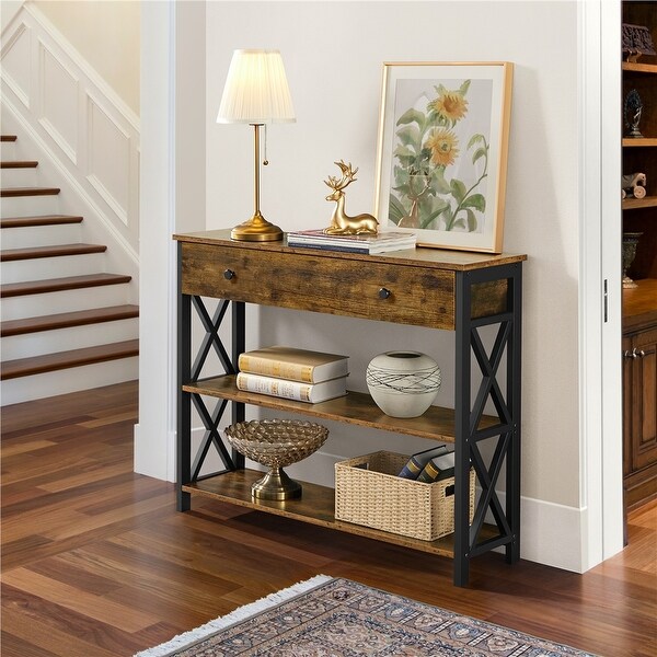 Wooden Console Table Entry Hallway Table with 1 Drawer and 2 Open Shelves， Rustic Brown