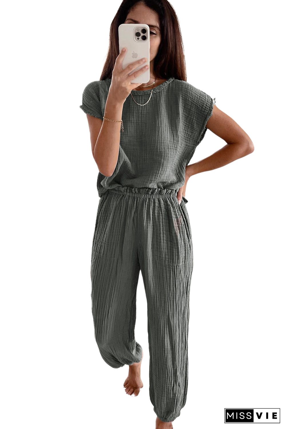 Gray Crinkled Texture Tee and Jogger Pants Set