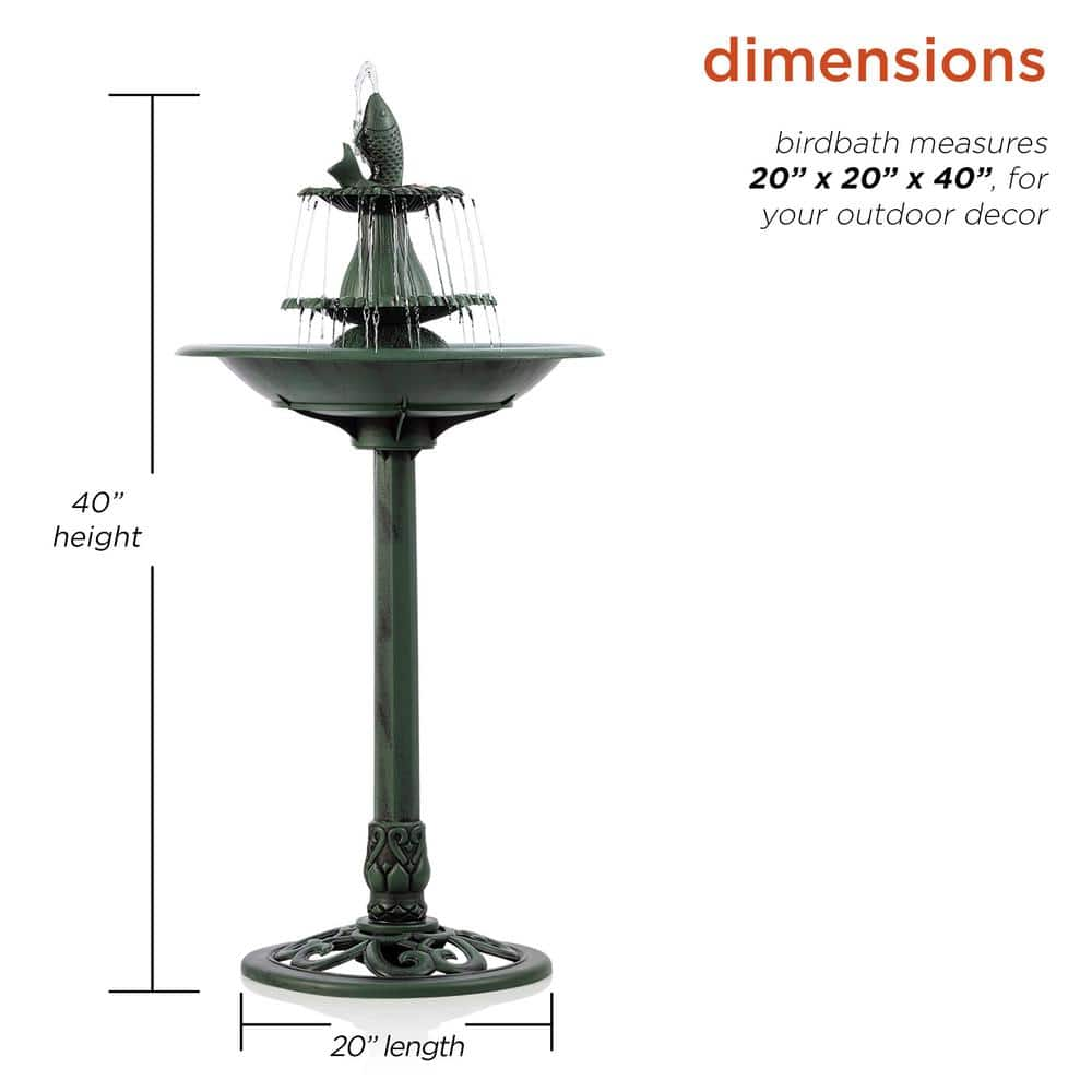 Alpine Corporation 40 in. Tall Outdoor 3-Tiered Pedestal Water Birdbath with Fish Design Floor Fountain, Green TEC104