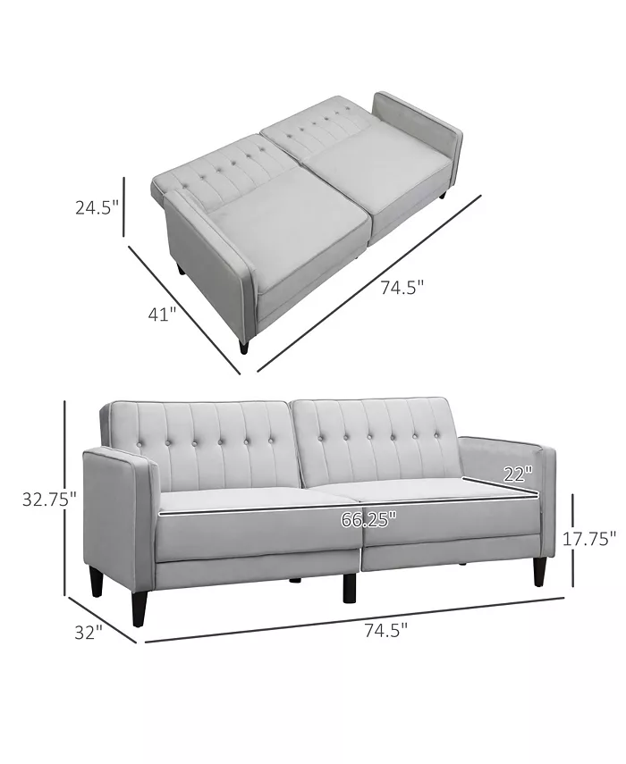 HOMCOM Convertible Sleeper Sofa Futon Sofa Bed with Split Back Design Recline Thick Padded Velvet-Touch Cushion Seating and Wood Legs Light Grey