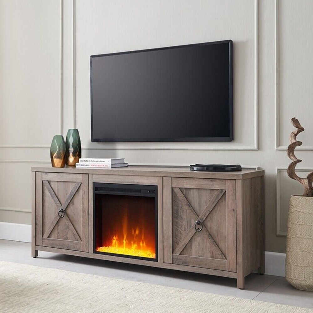 Gray Oak TV Stand with Crystal Fireplace Insert   58 inches