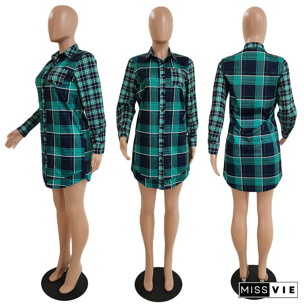 Autumn Women Long Sleeve Grid Printed Button Shirt Dress