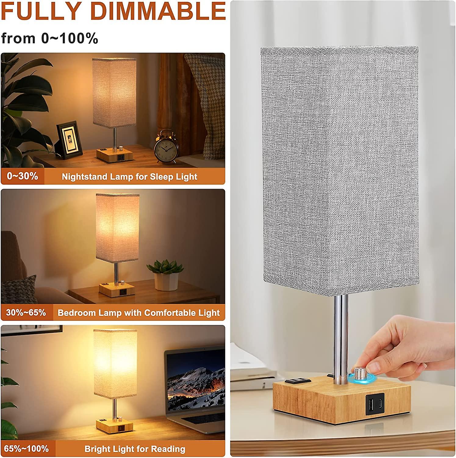 Fully Dimmable Table Lamp With Usb C Bedside Lamp With Usb C+a Usb Ports And Dual Ac Outlets， Bedroom Lamp With Dimmable Bulb， Nightstand Light Small