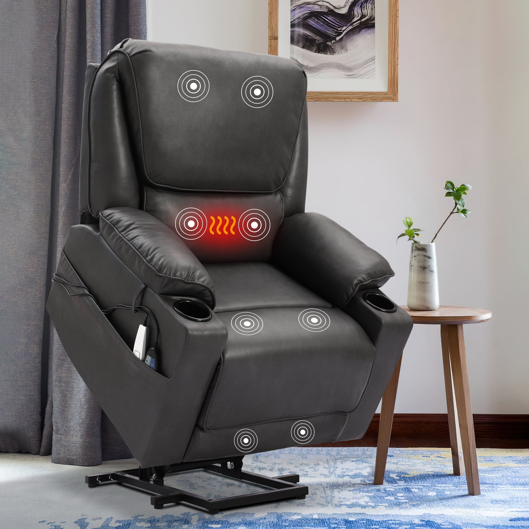 KIGOTY Power Lift Chair PU Electric Recliner for Elderly,Remote Control Recline & Lift & Massage,Light Gray