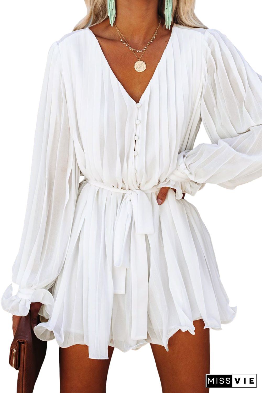 White Pleated Ruffled Tie Waist Buttons V Neck Romper