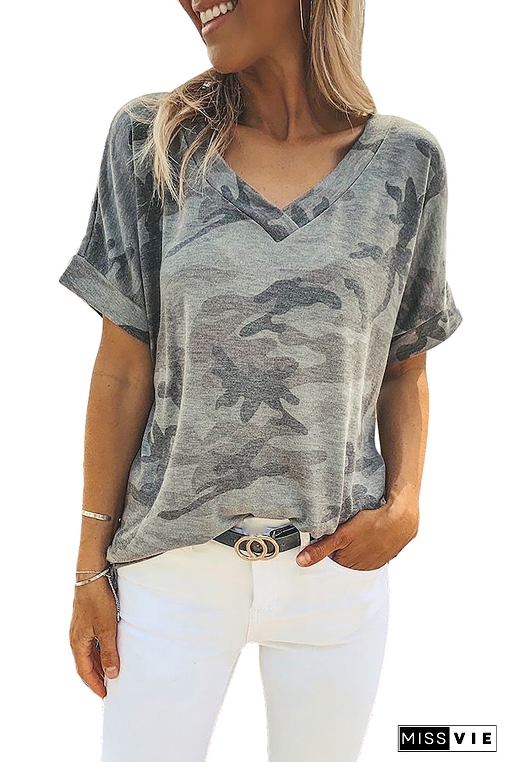 Camouflage V-Neck Short Sleeve T-shirt