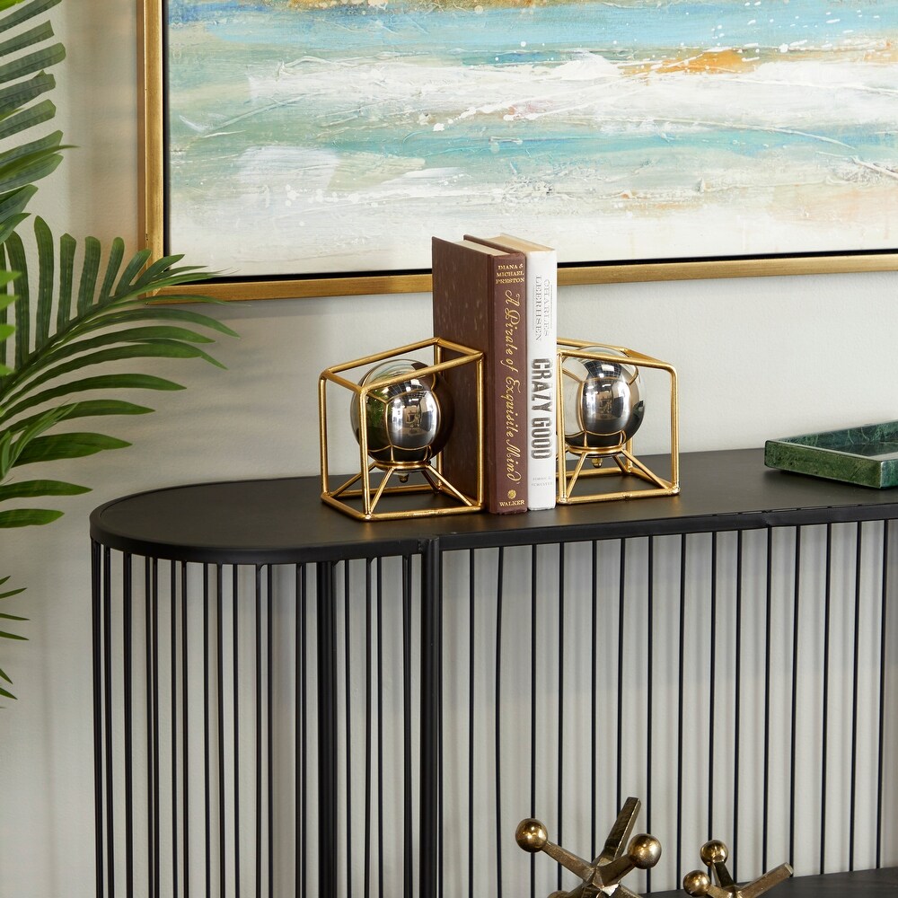 Silver Stainless Steel Orb Geometric Bookends with Gold Base   5.10W x 5.15 L x 5.85H