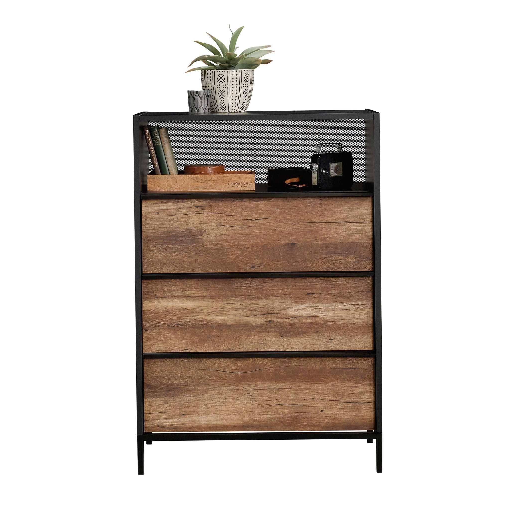 Sauder Boulevard Cafe 3-Drawer Dresser with Open Shelf, Black with Vintage Oak Finish