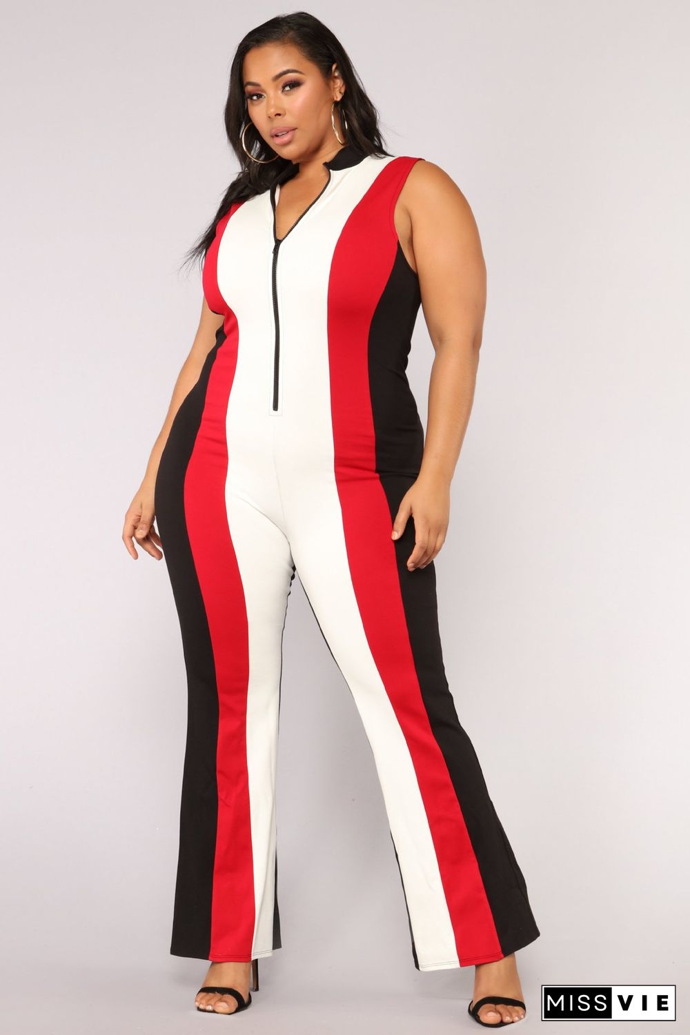 Women Front Zipper Sleeveless Leisure Long Jumpsuits