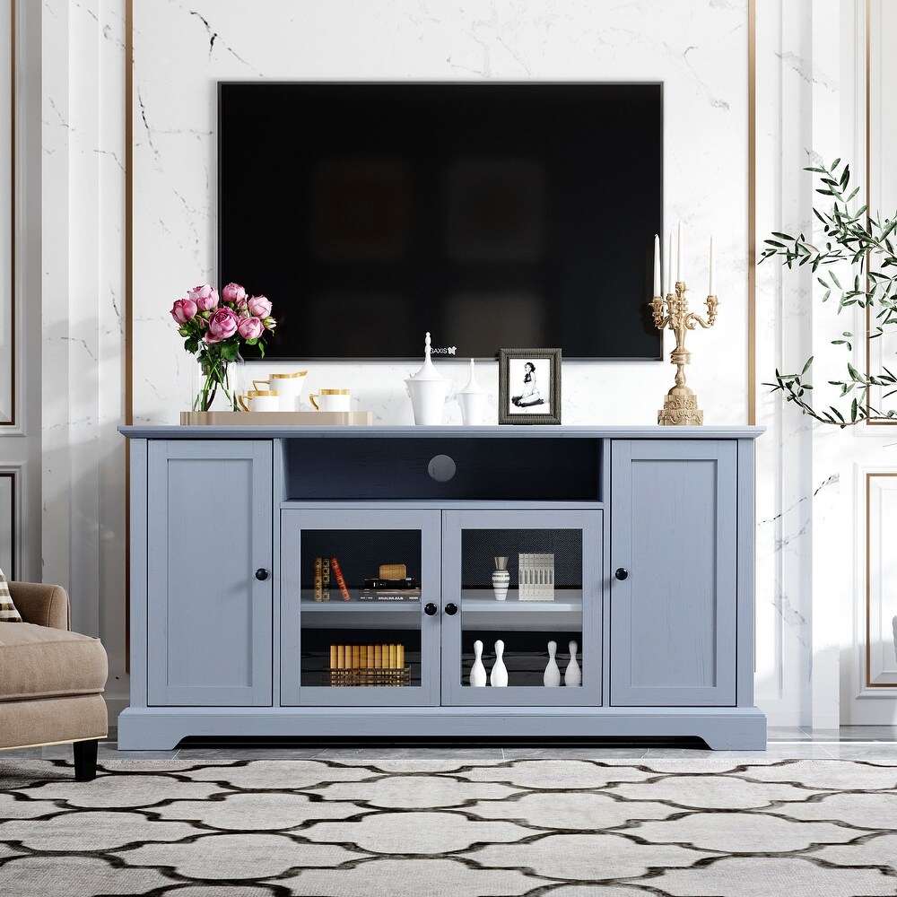 TV Stand for TV up to 65in with 2 Tempered Glass Doors Adjustable Panels Open Style Cabinet  Living room Sideboard