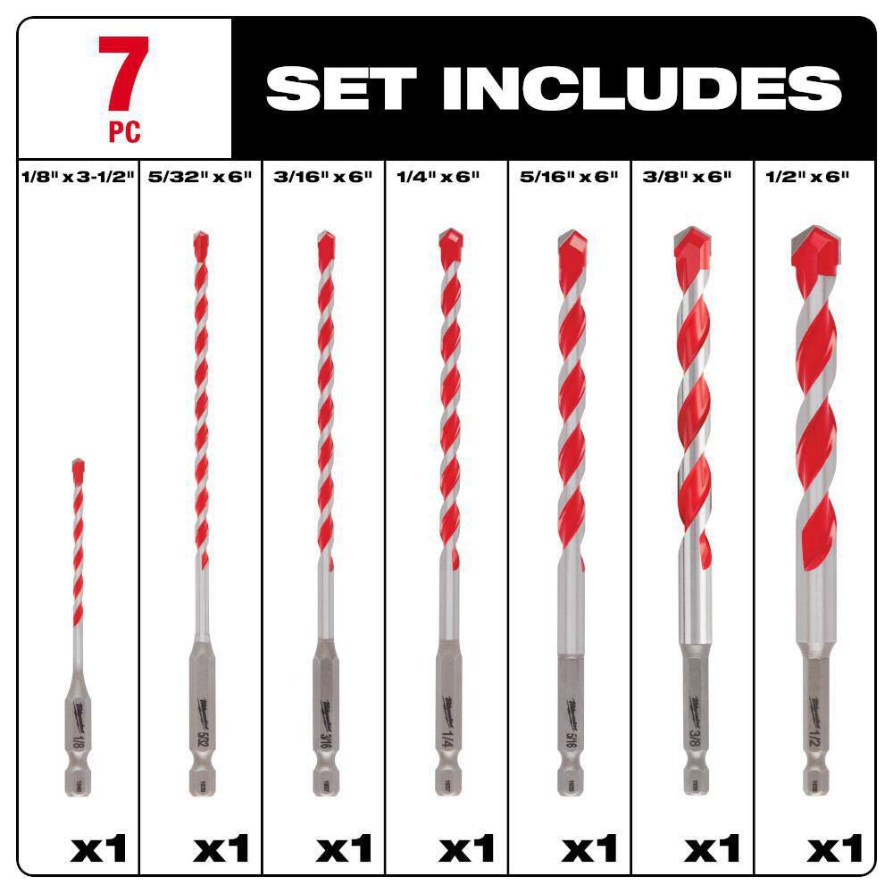 MW SHOCKWAVE Carbide Hammer Drill Bit Kit (7-Piece) for Concrete Stone Masonry Drilling 48-20-9057