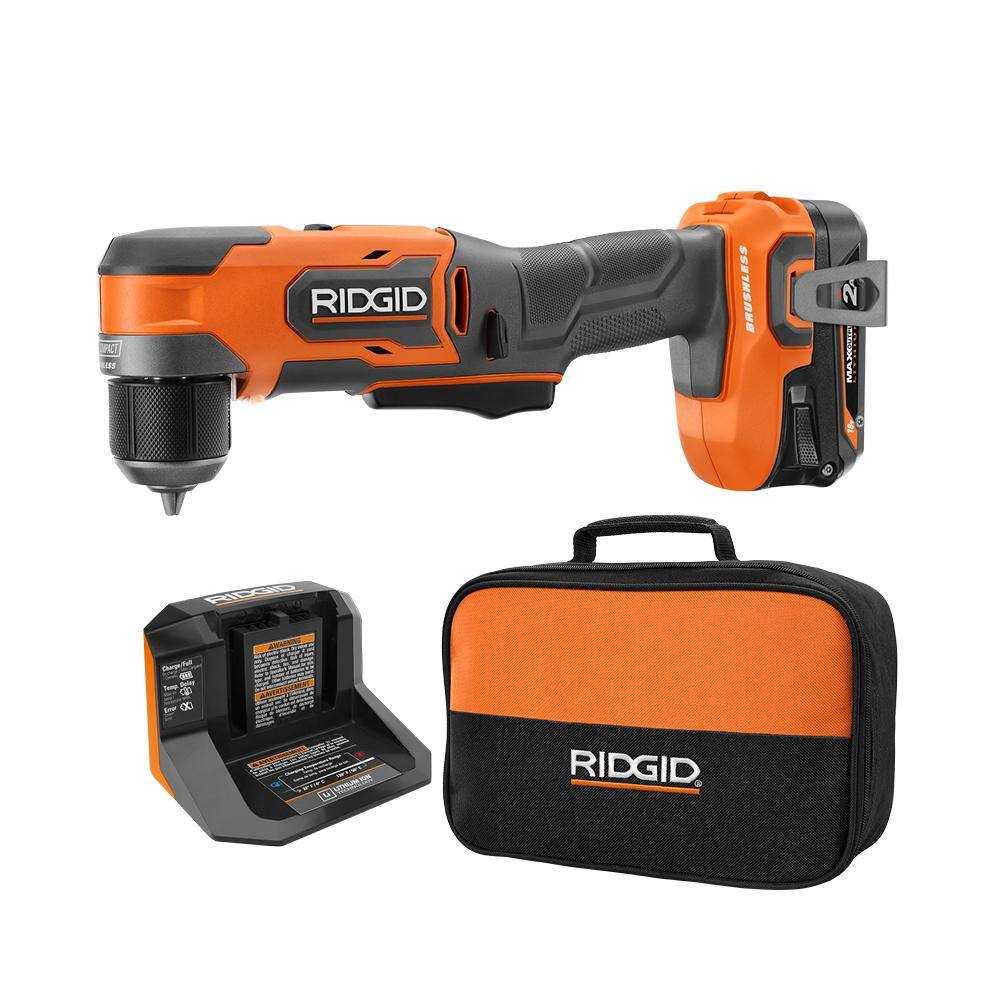 RIDGID 18V SubCompact Brushless Cordless 38 in. Right Angle Drill Kit with 2.0 Ah MAX Output Battery and Charger R87701K