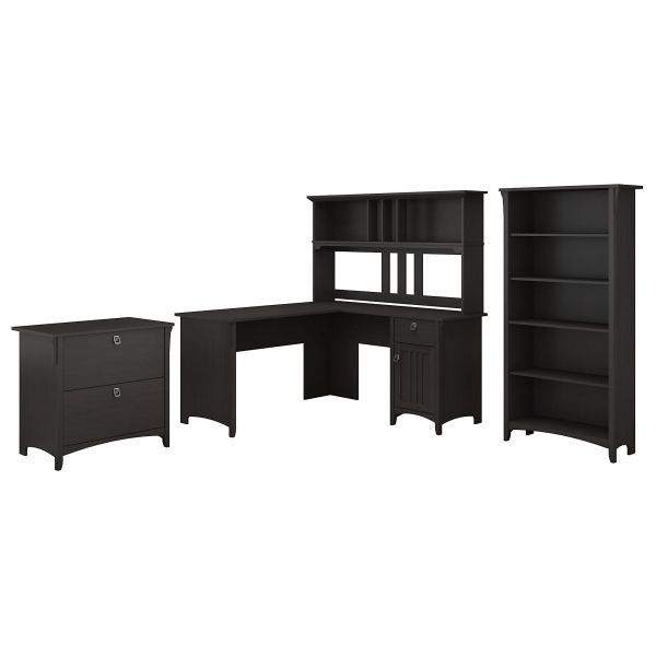 Bush Furniture Salinas 60W L Shaped Desk with Hutch， Lateral File Cabinet and 5 Shelf Bookcase in Vintage Black