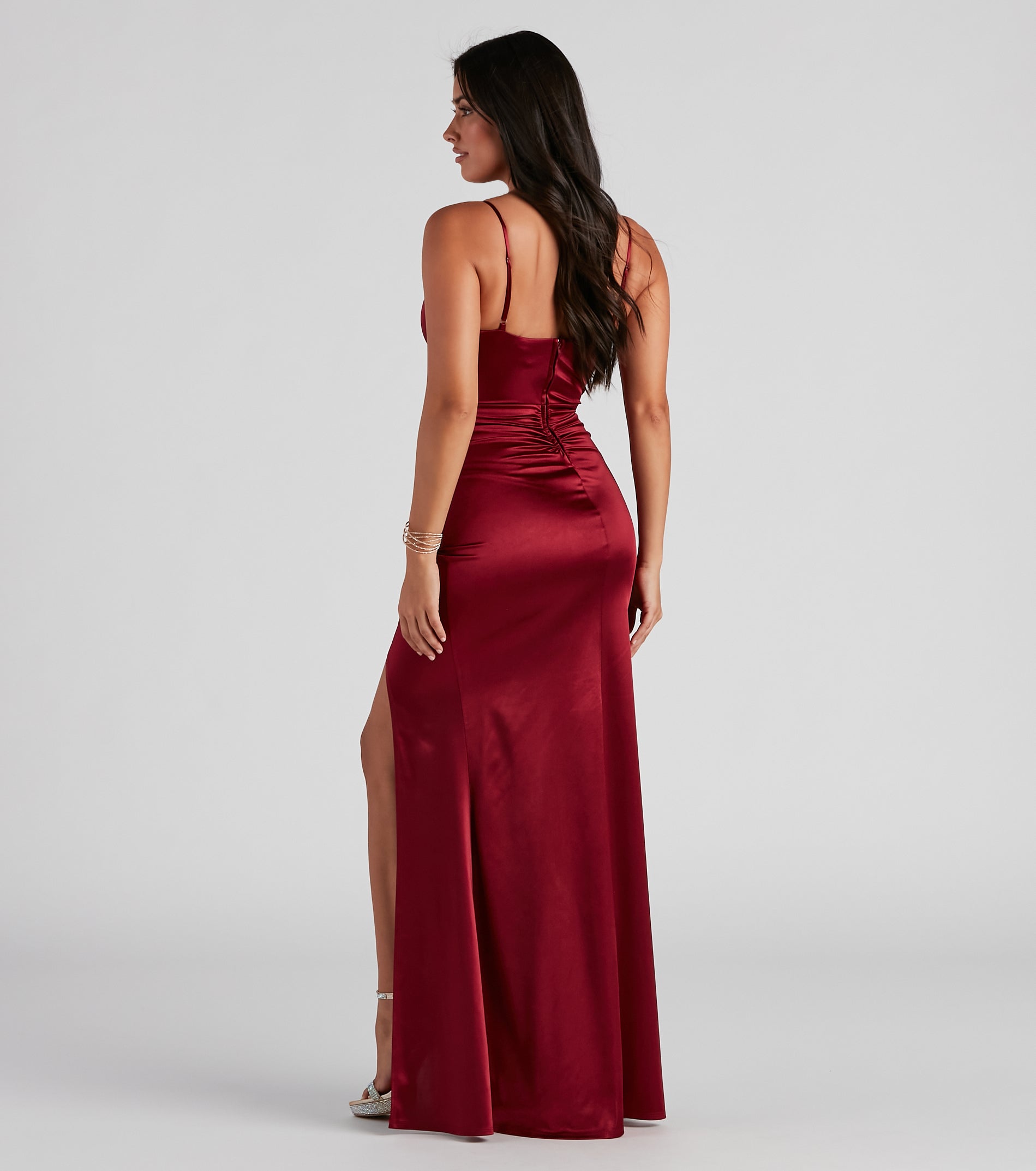 Evie Formal Ruched Satin Sleeveless Dress