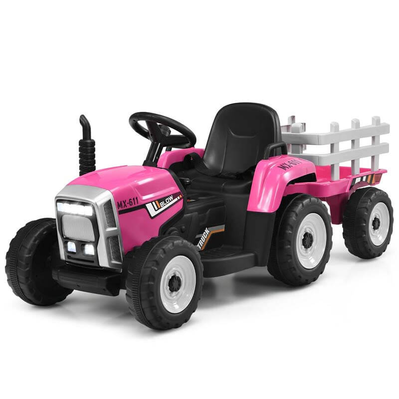 Kids Ride on Tractor w/Trailer 12V Battery Powered Electric Riding Toy Car Vehicle with 3-Gear-Shift Ground Loader