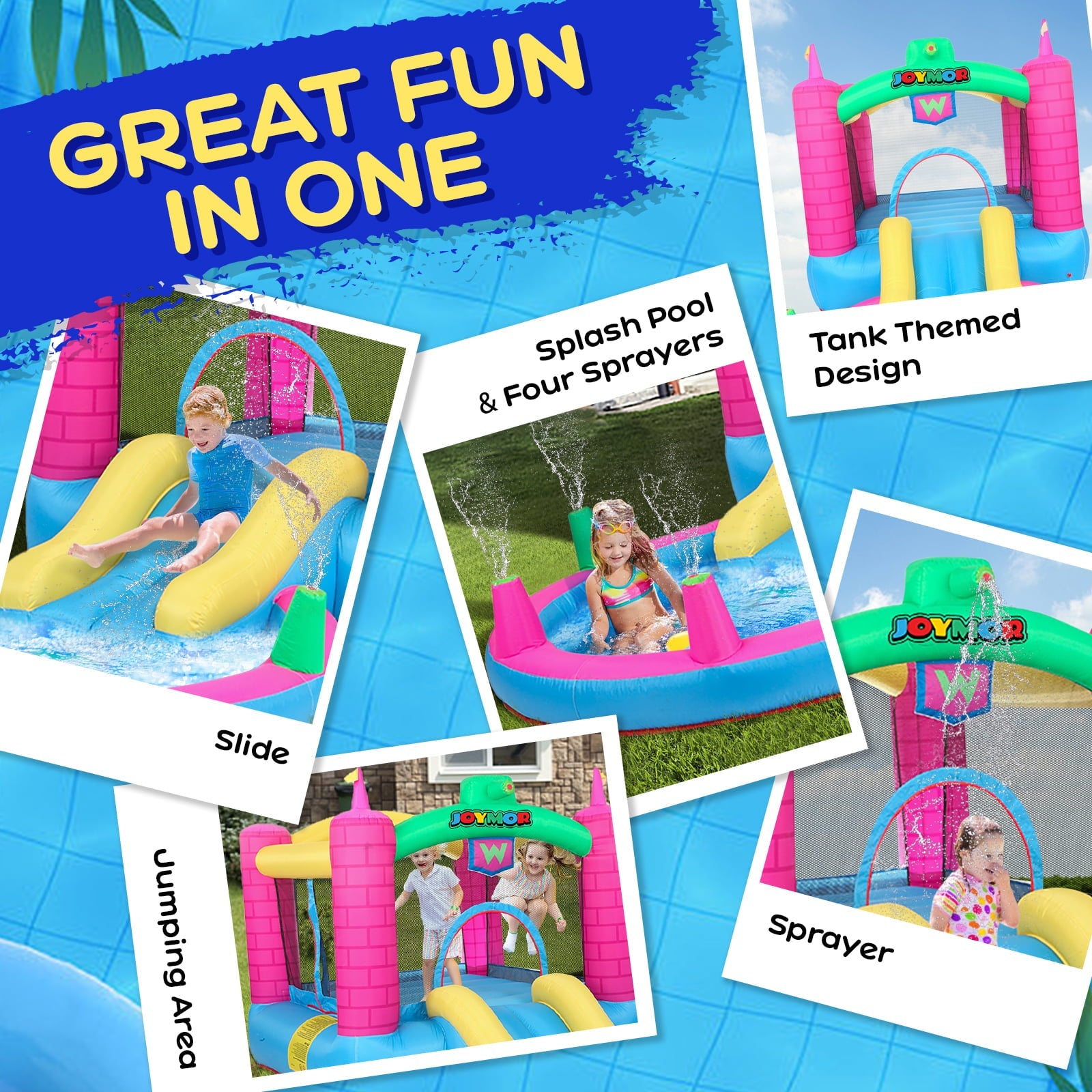 JOYMOR Bounce House Inflatable Jumping Castle Splash Pool, Water Slide Bouncer Indoor/Outdoor Playhouse Party Gift for Kids Age 3-8 w/ Air Blower ( Tank )