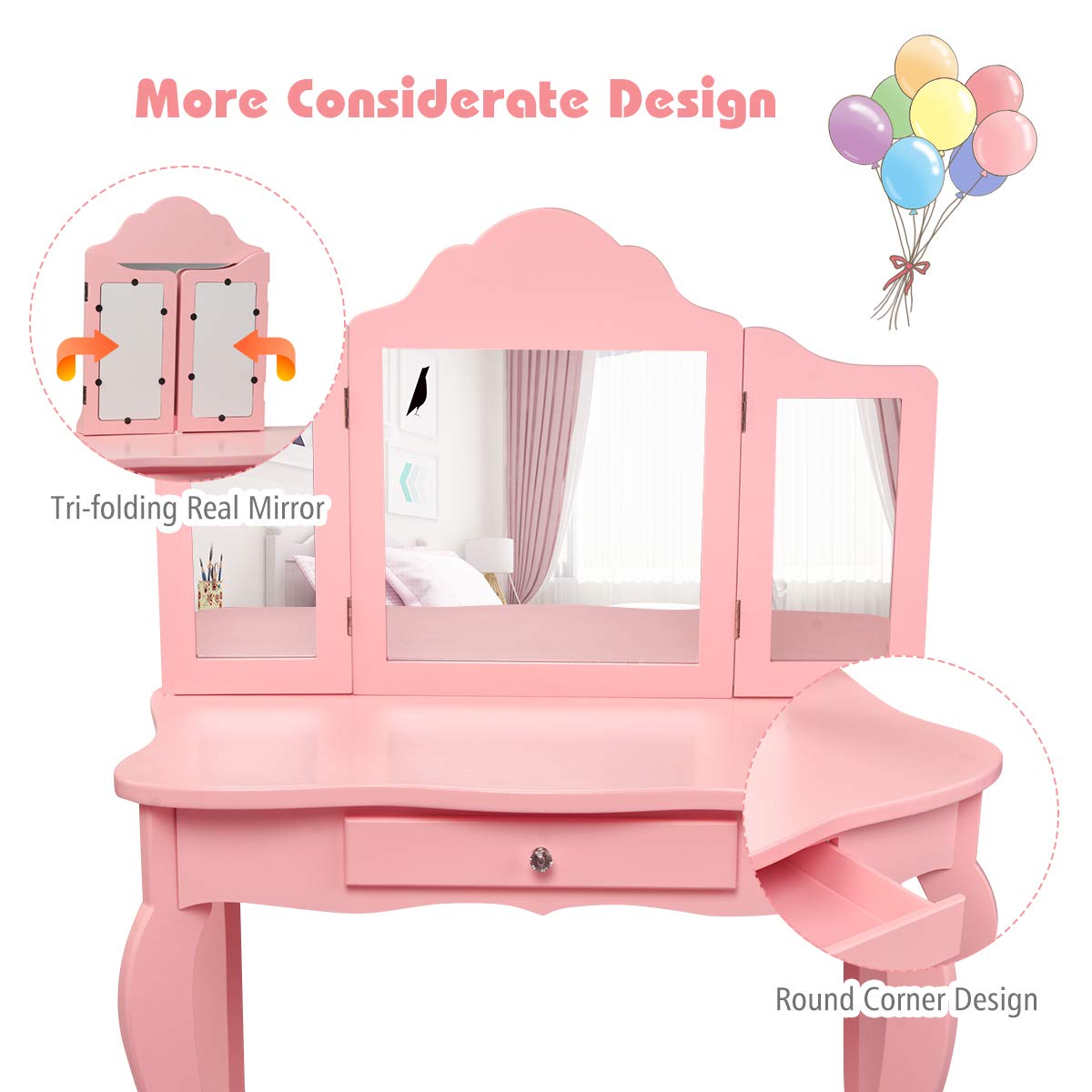 Costzon Kids Wooden Vanity Table & Stool Set, 2 in 1 Detachable Design with Dressing Table and Writing Desk (Pink)