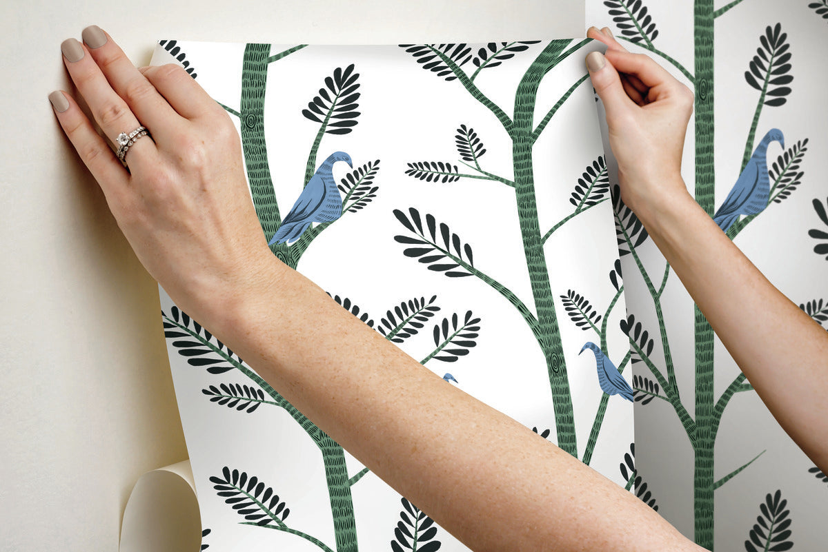 Aviary Branch Peel & Stick Wallpaper in Blue and Green from the Risky Business III Collection