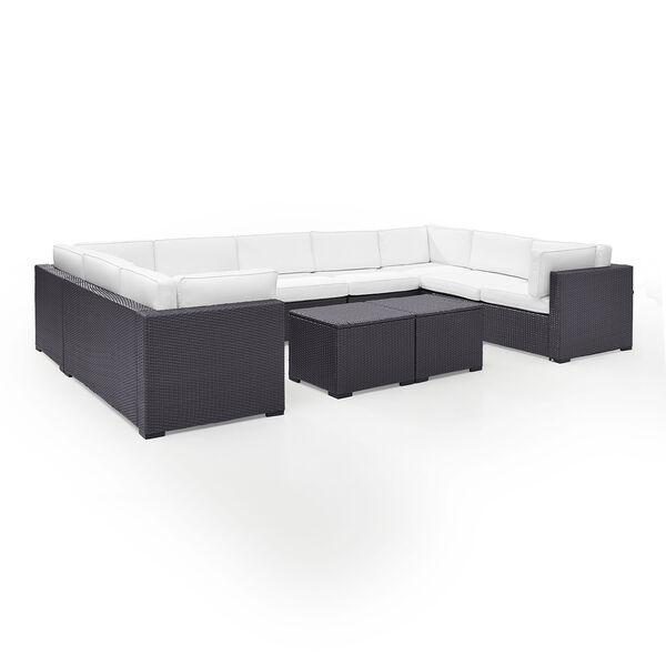 Biscayne 9 Person Outdoor Wicker Seating Set in White - Four Loveseats， One Armless Chair， Two Coffee Tables