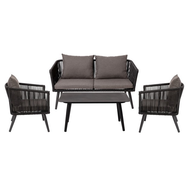 Emma And Oliver Black amp Gray Woven All weather Four piece Conversation Set With Cushions amp Metal Coffee Table For Porch Backyard And Patio