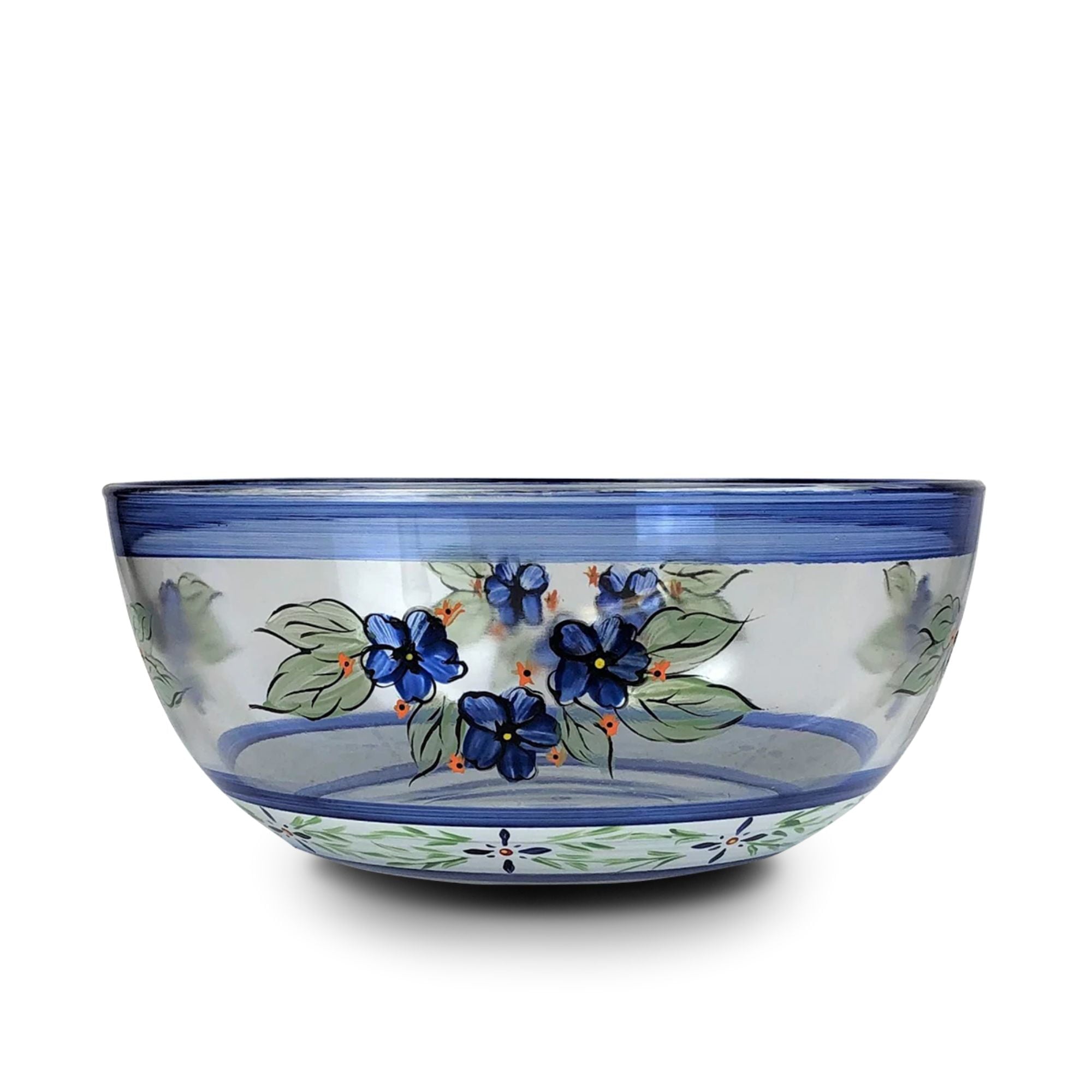 Blue and White Floral Hand Painted Glass Serving Bowl 11