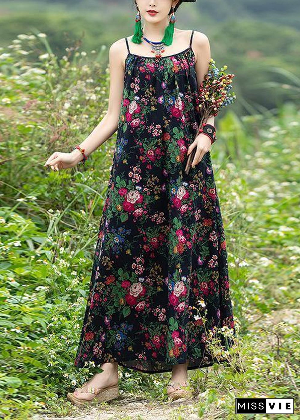 DIY sleeveless tie waist cotton clothes Photography black print A Line Dresses summer