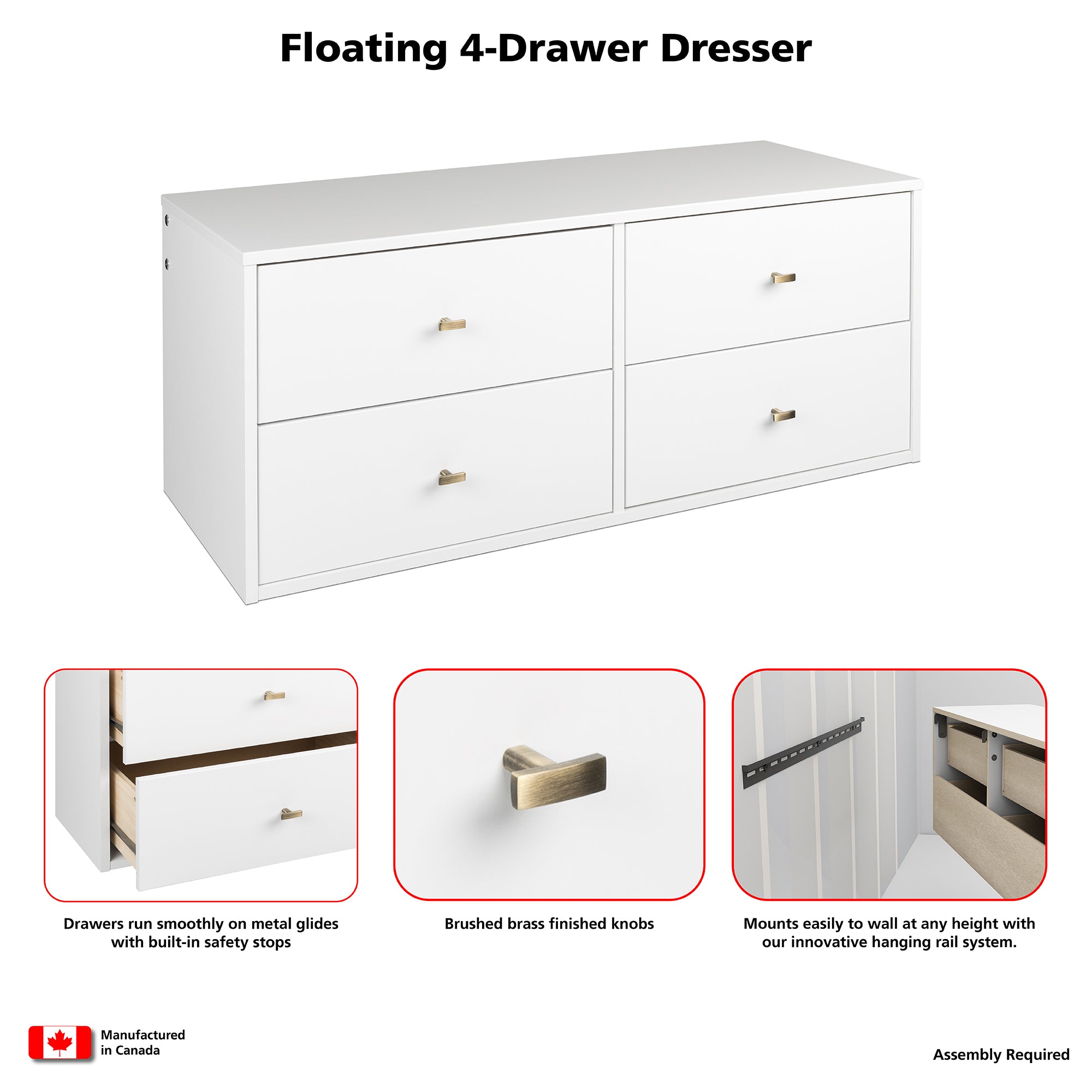 Prepac Floating Bedroom Modern 4-Drawer Double Dresser, White