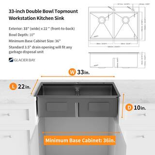 Glacier Bay 33 in. Gunmetal Black Stainless Steel Double Bowl Dual Mount Workstation Kitchen Sink with Black Spring Neck Faucet ACS3322A2T-FW