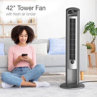 Lasko Wind Curve 42 in. 3-Speed Oscillating Platinum Tower Fan with Fresh Air Ionizer and Remote Control 2551