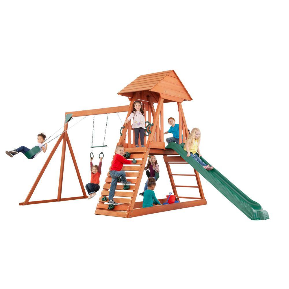 Creative Cedar Designs Cedar Chalet Complete Wood Playset with Wooden Roof Climbing Wall Sandbox Slide and Multiple Swing Set Accessories 3710