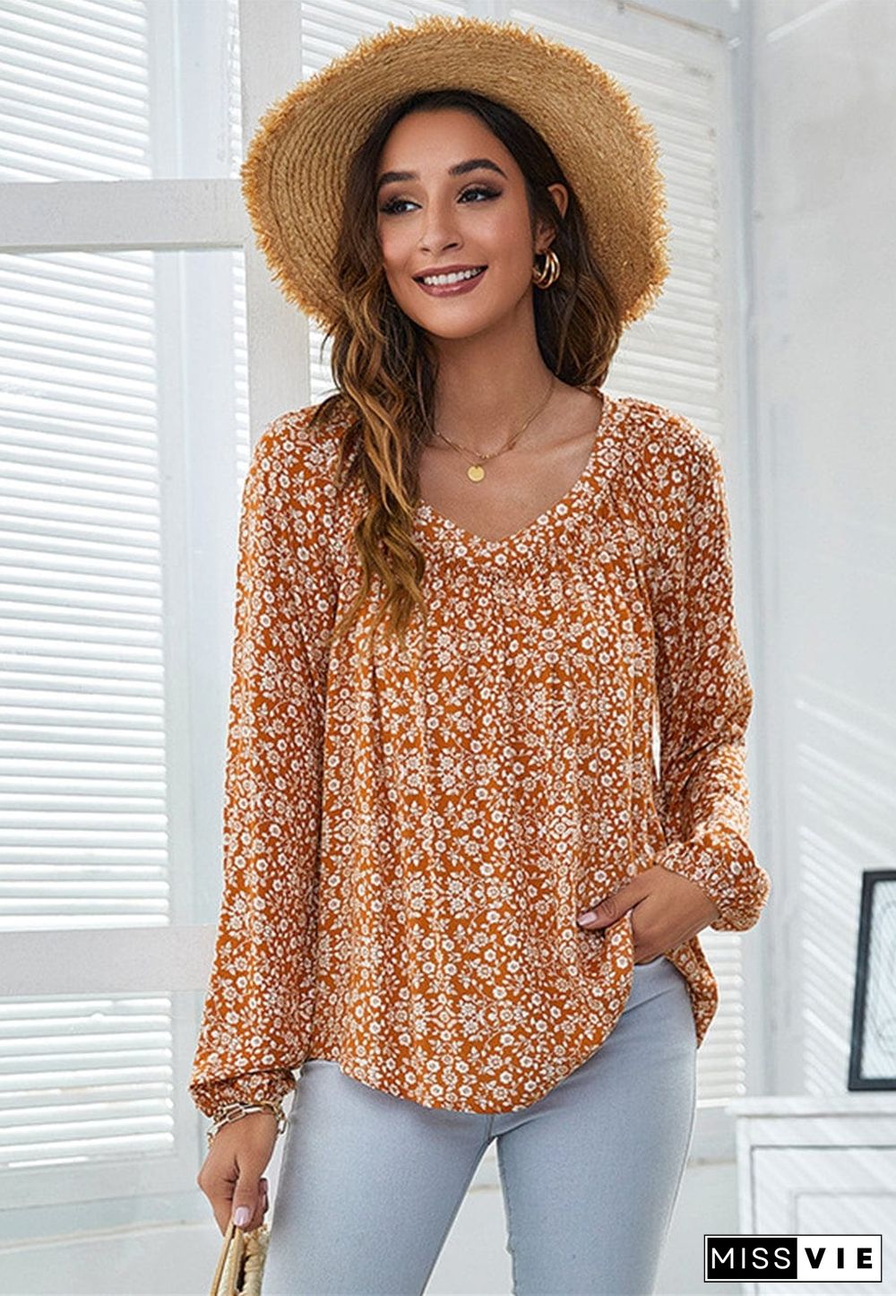 Classic V Neck Floral Blouse