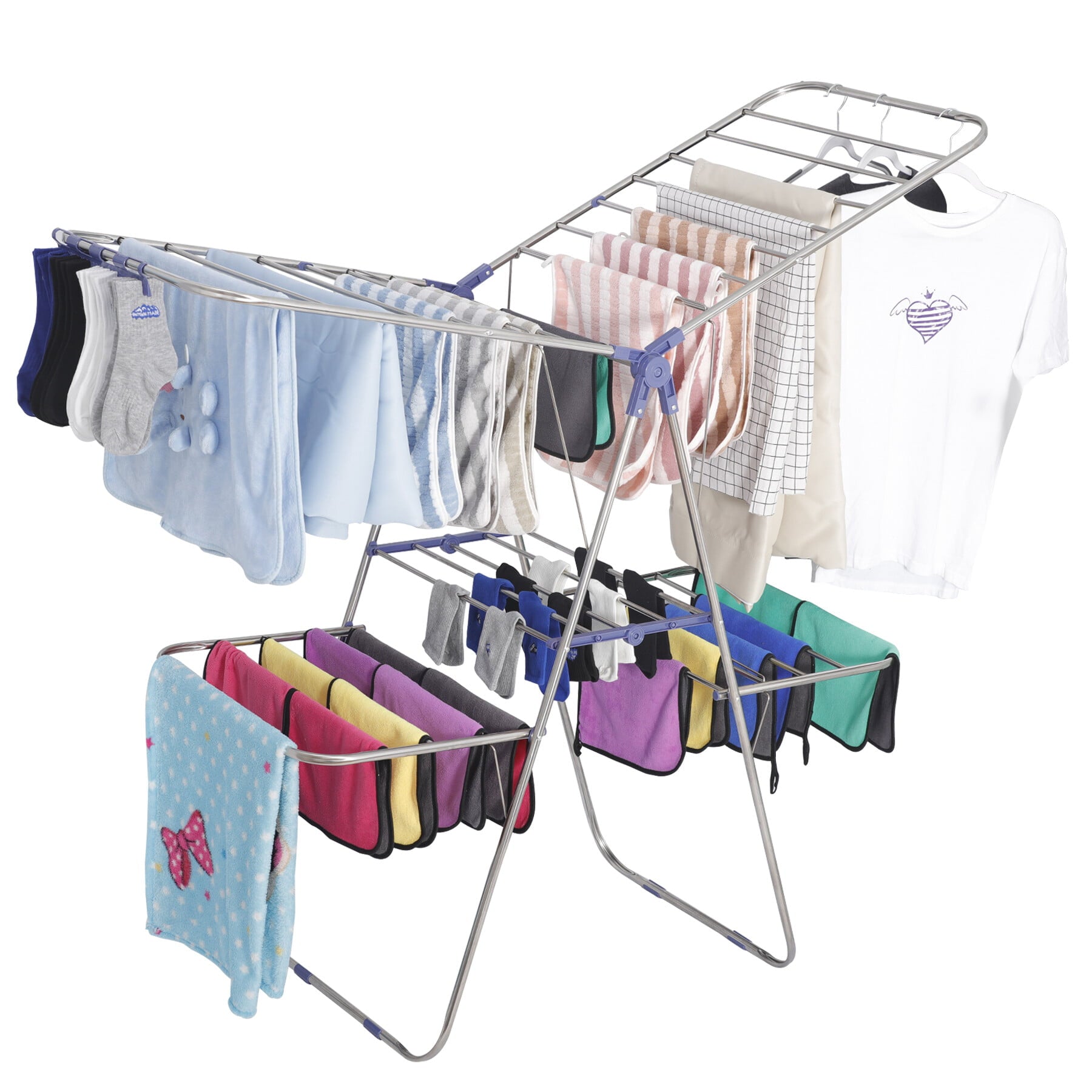 ZENY Clothes Drying Rack, Foldable Drying Hanger with Height-Adjustable Wings, for Clothes, Towels, Linens, Indoor/Outdoor